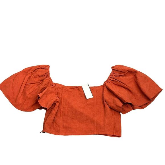 Jonathan Simkhai Puff Sleeves Top Womens 10 Orange Linen Quince Cropped NEW - Picture 5 of 12